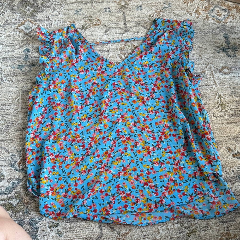 LOFT Blue Floral Blouse with Red and Yellow Accents